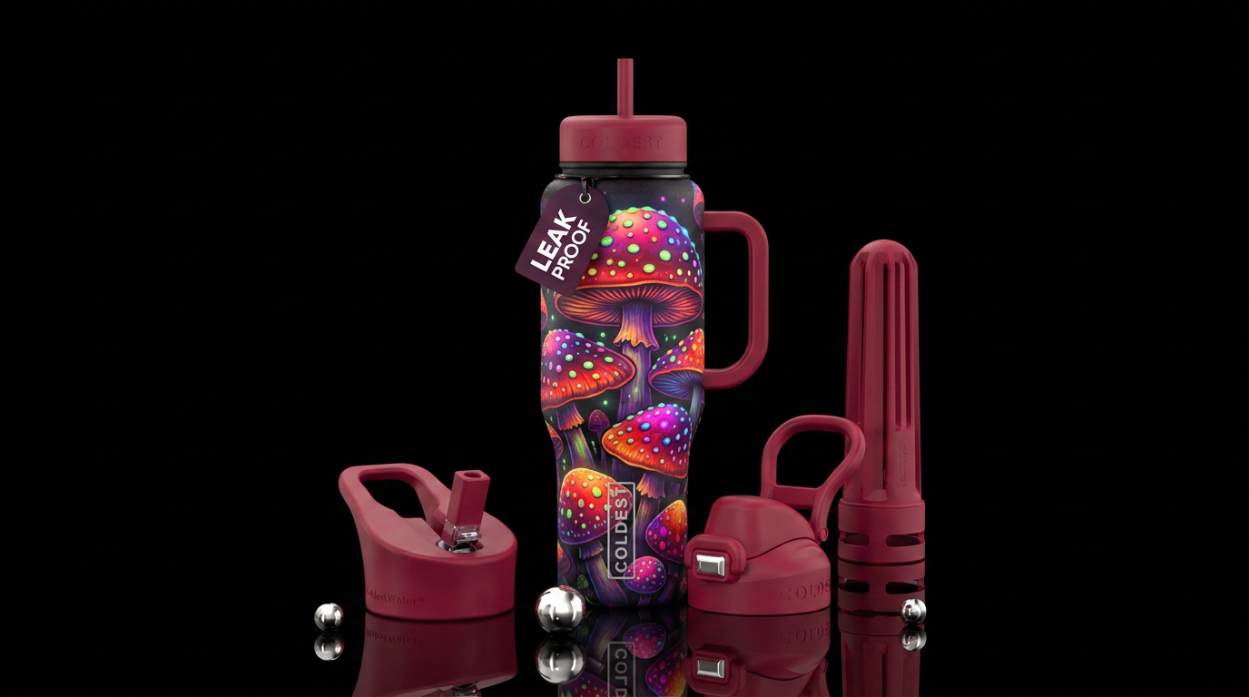 Psychedelic fly agaric mushrooms with glowie spots water bottle design