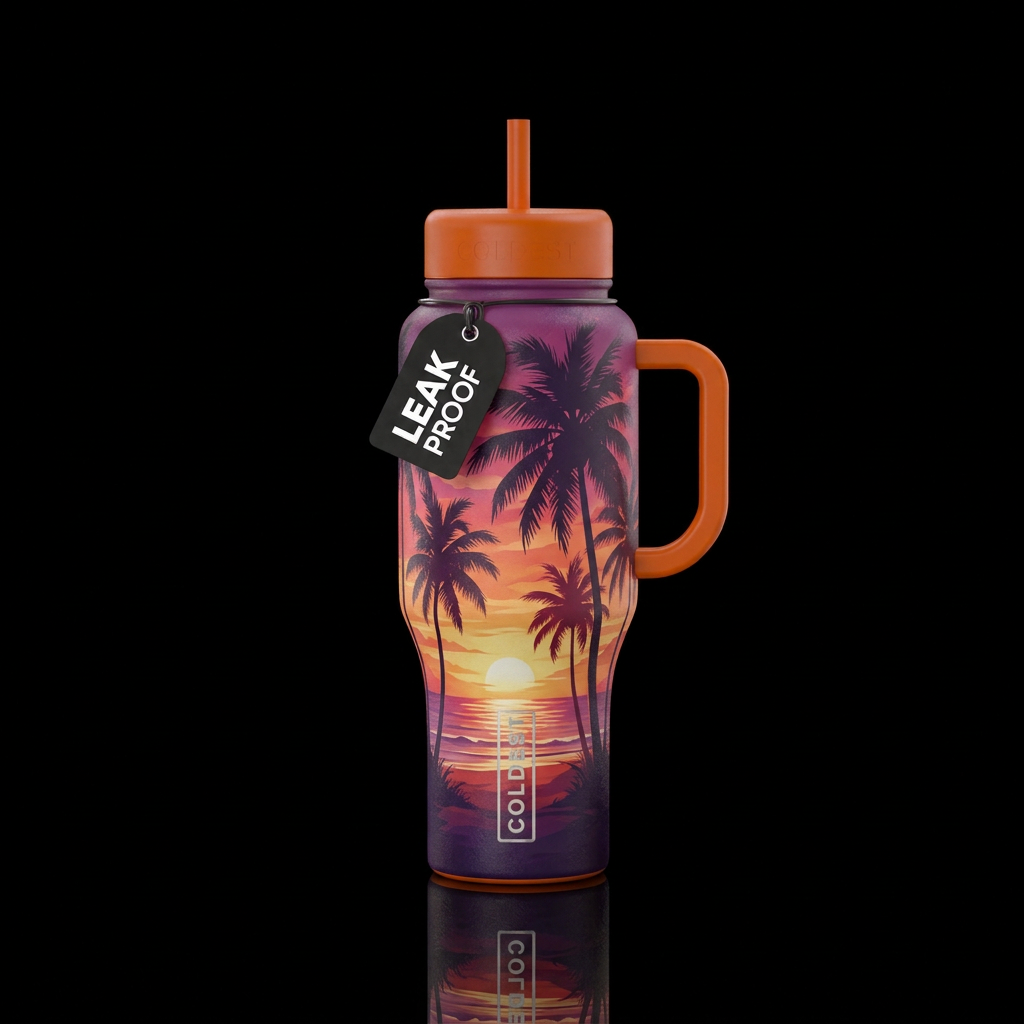 Palm trees in a sunrise water bottle design