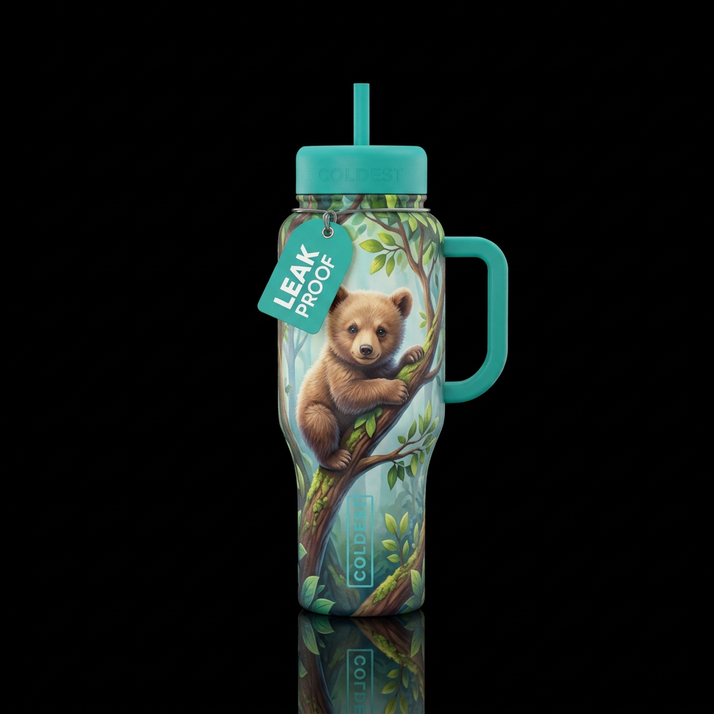 Baby bear in a tree water bottle design
