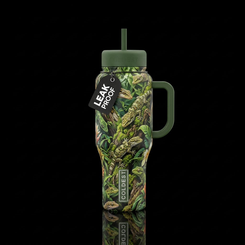 Gecko lizzard camouflaged in nature water bottle design