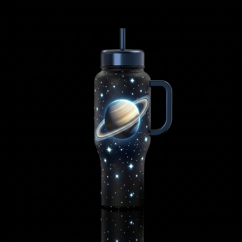 Black bottle with Saturn and rings with glowie sta... water bottle design