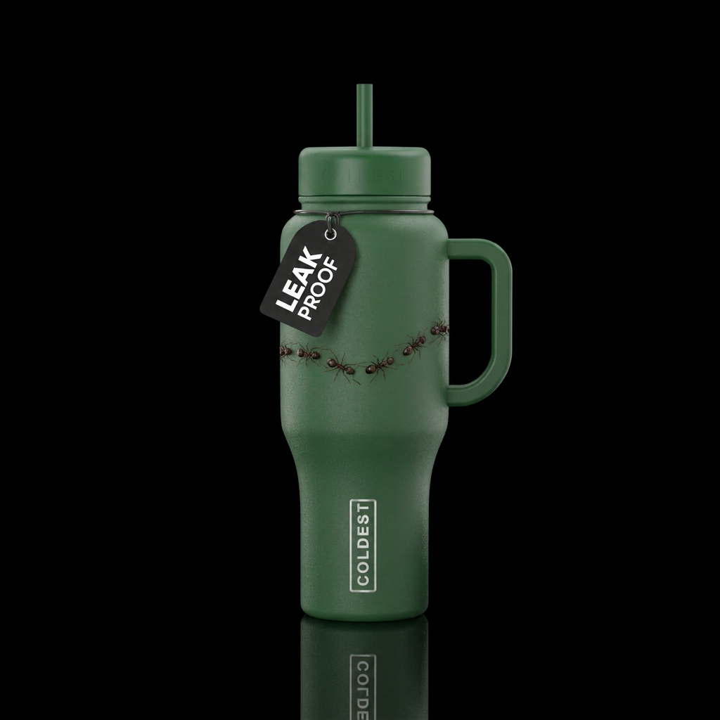 Green bottle with a trail of ants around the bottl... water bottle design