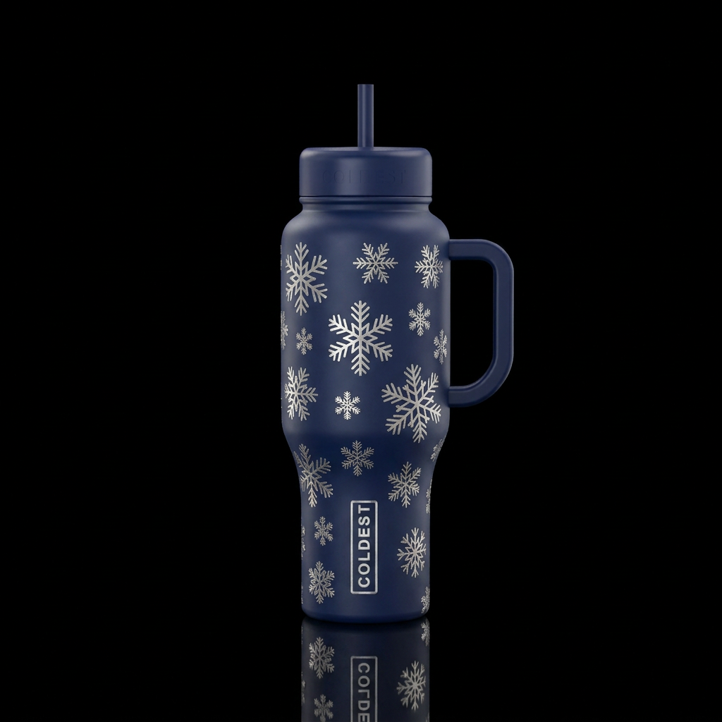 Silver snowflakes falling on a navy blue bottle water bottle design