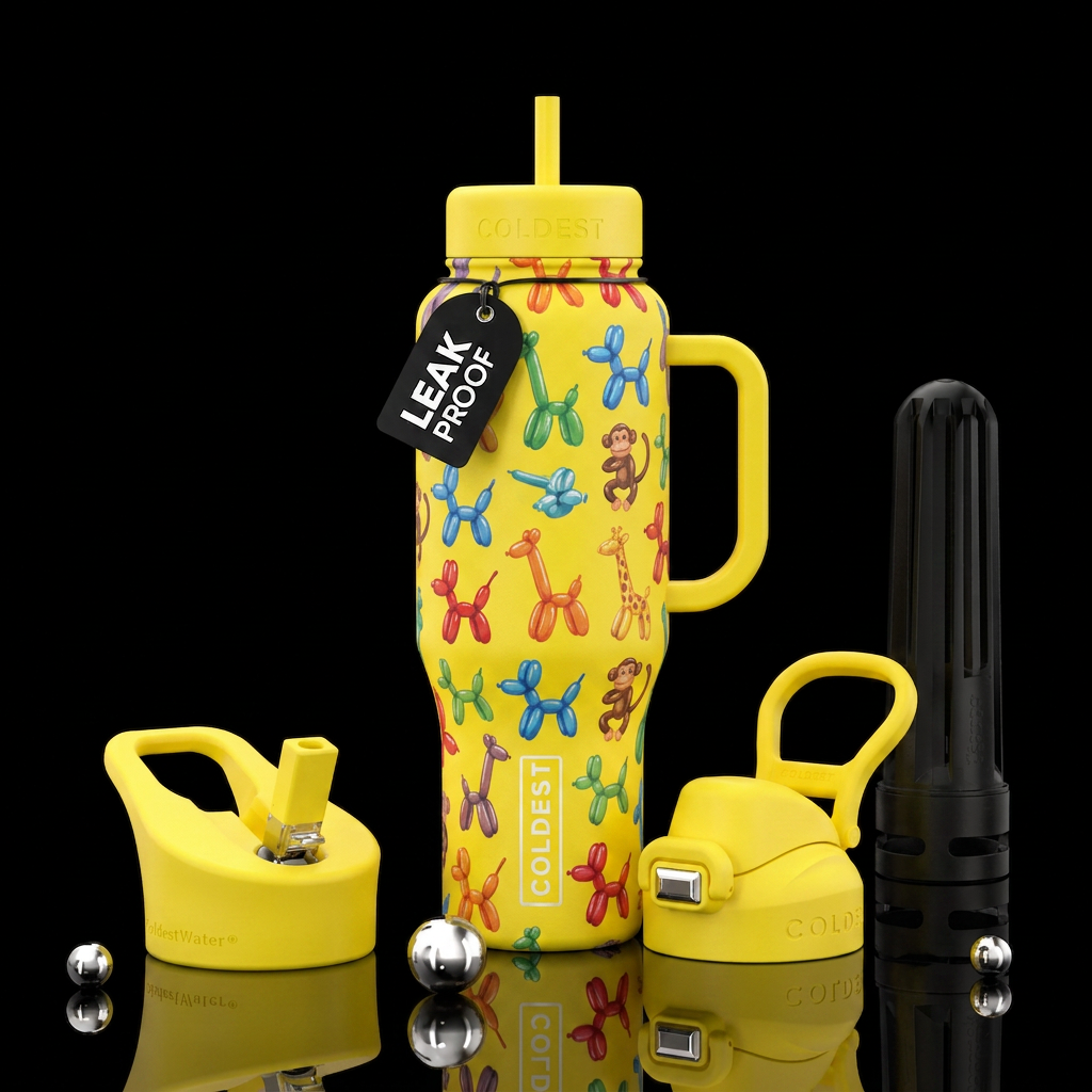 yellow bottle and accessories covered in different... water bottle design