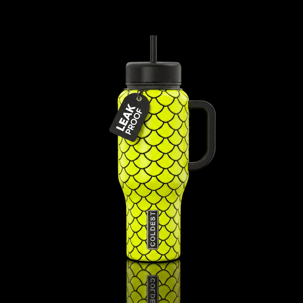 Neon yellow scales all around the bottle outlined ... water bottle design