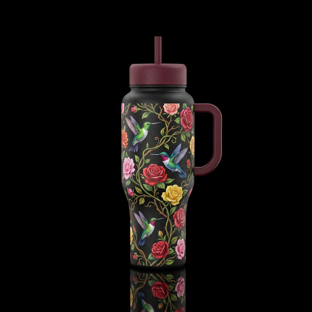 A bottle with vines and roses all around and hummi... water bottle design