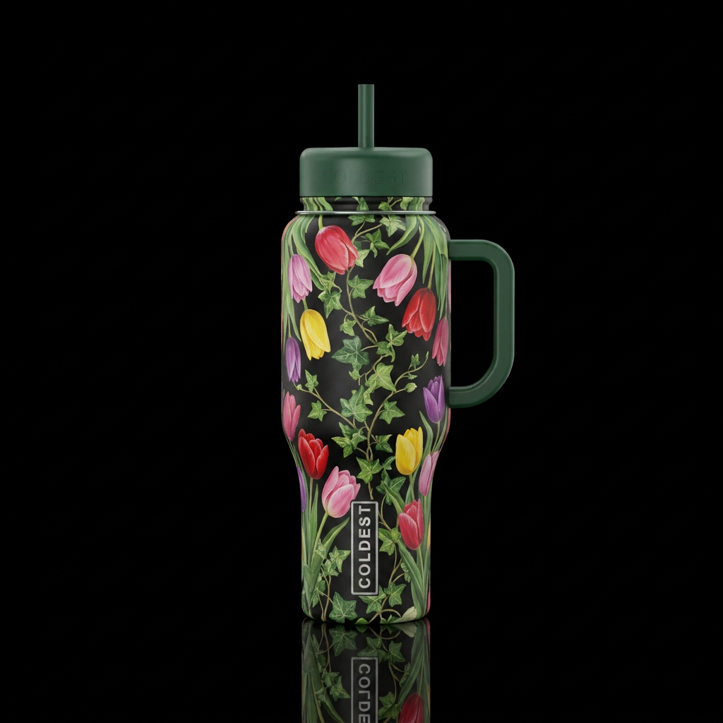 Bottle with different colored tulips all over it a... water bottle design