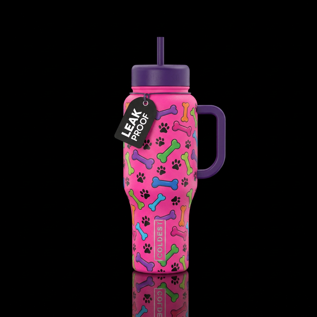 Hot pink bottle with different colored dog bones c... water bottle design