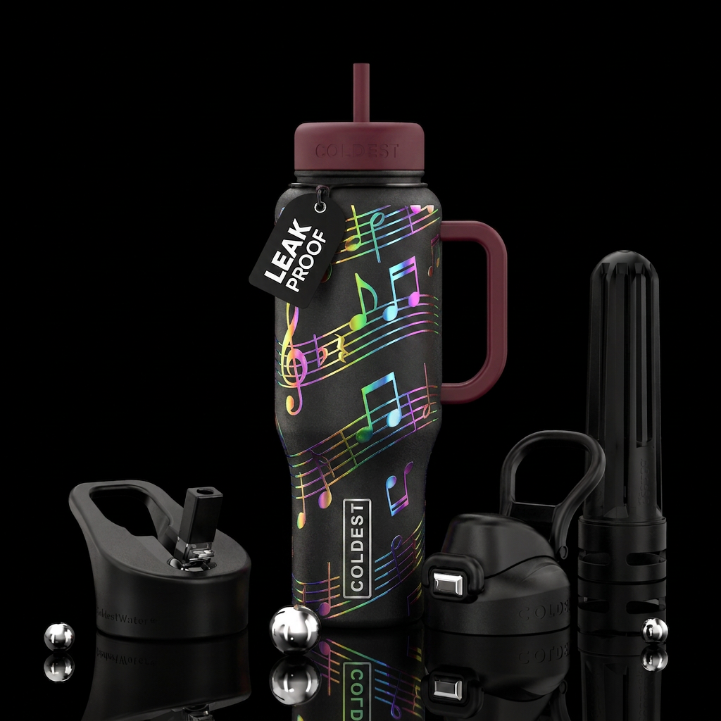 rainbow iridescent music notes with maroon lid and... water bottle design
