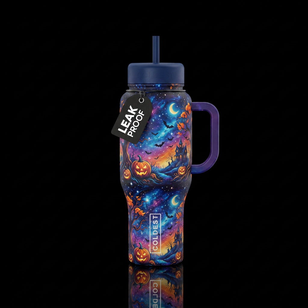 Create a starry night mixed with a Halloween vibe water bottle design