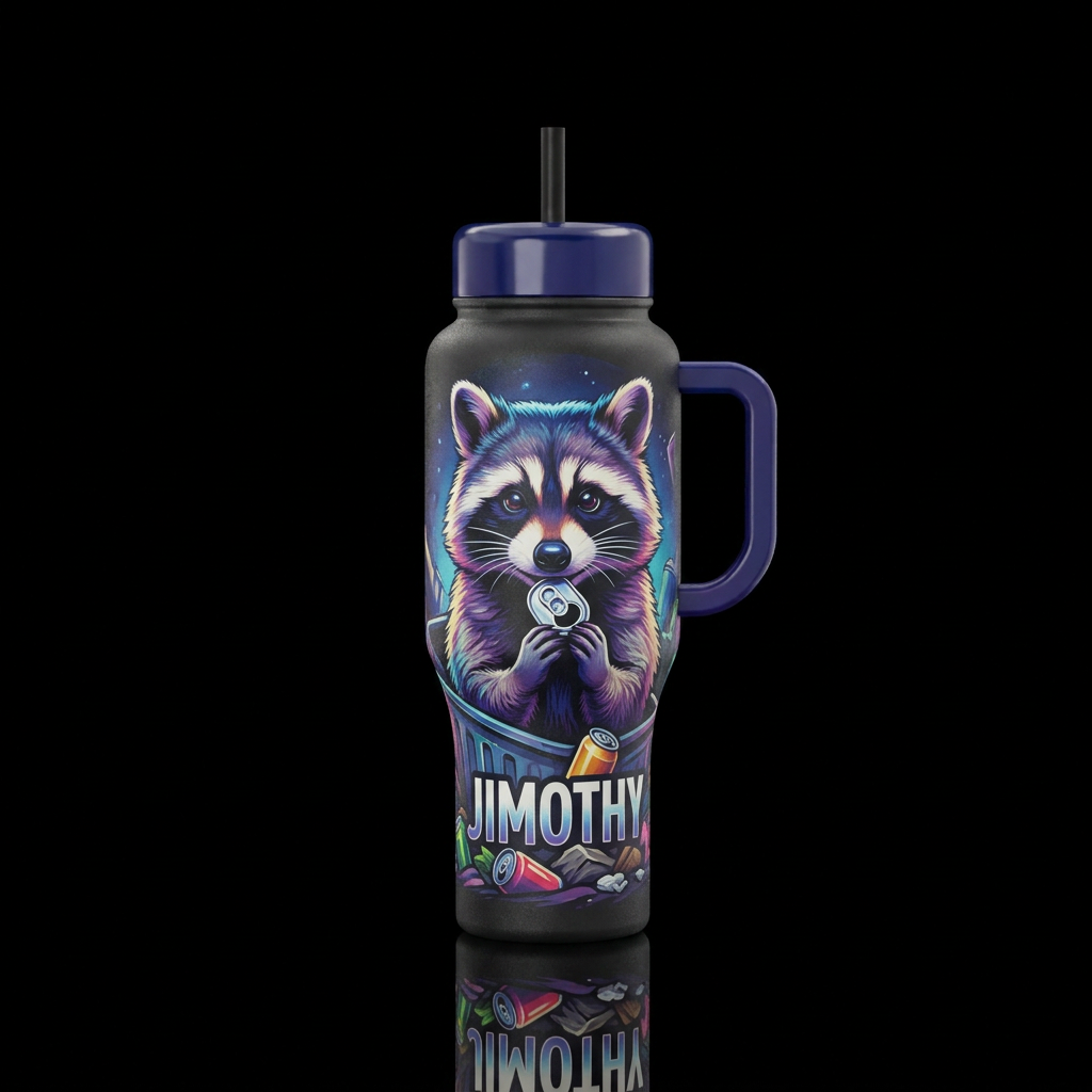 Jimothy the racoon water bottle design