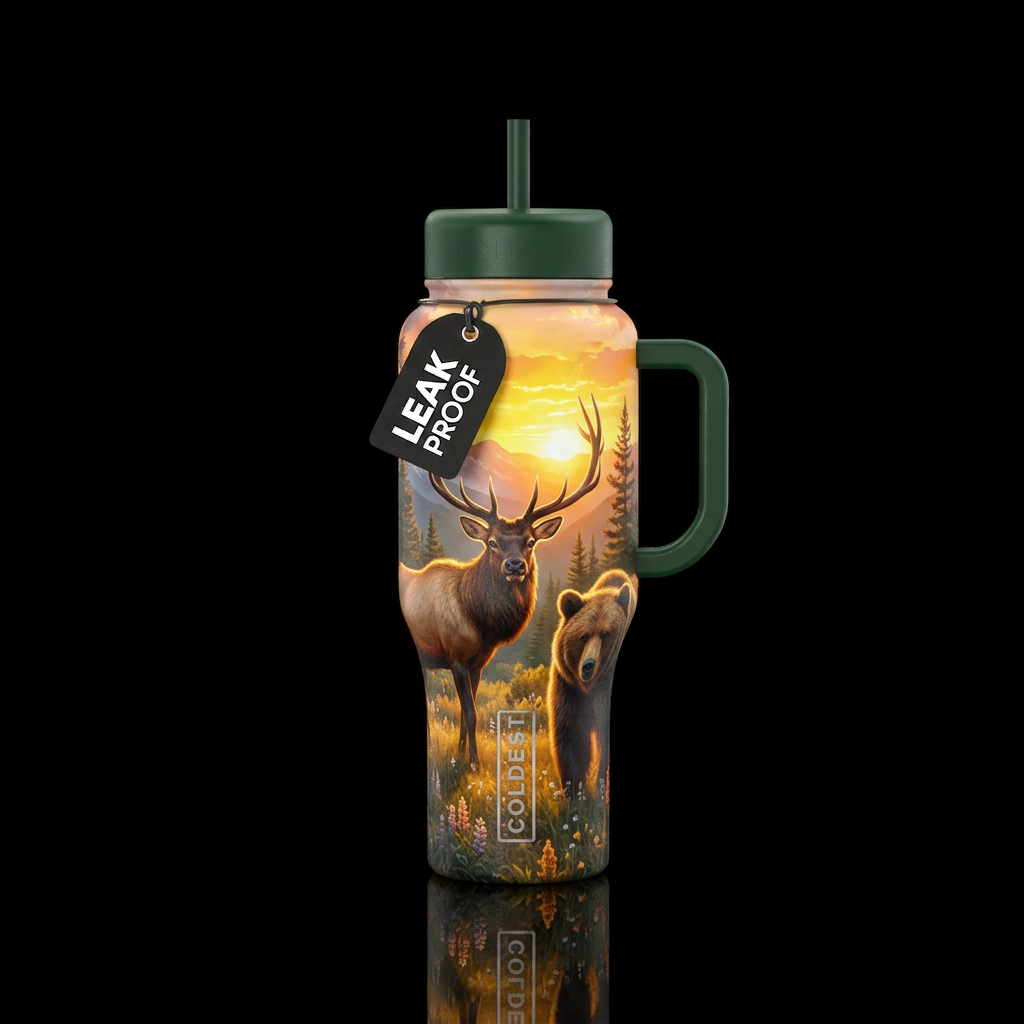 The beautiful national park with a glowing sunset ... water bottle design