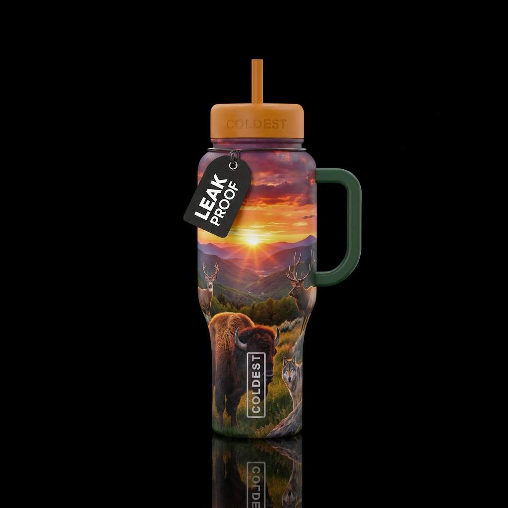 The beautiful national park with a glowing sunset ... water bottle design