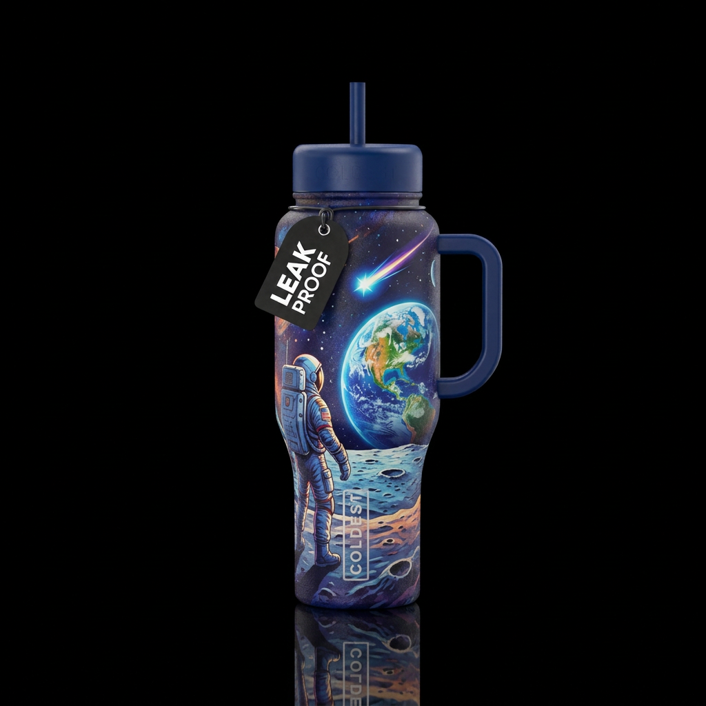 POV. A astronaut on the moon looking back to the e... water bottle design