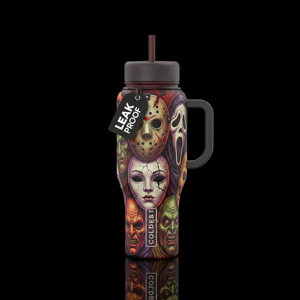 Horror masks that wrap around the entire cup. Mult... water bottle design