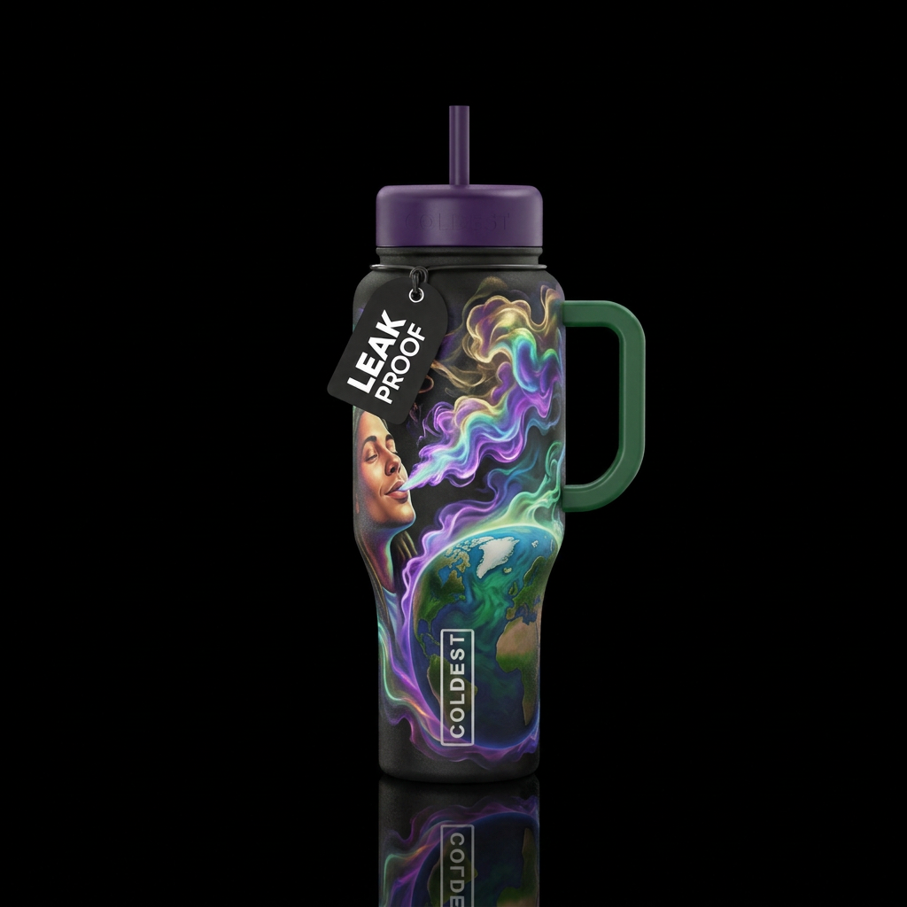 A stoner blowing out smoke onto the world water bottle design