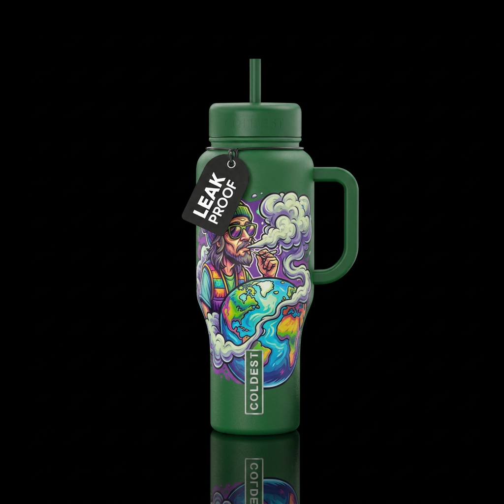 A stoner blowing out smoke onto the world water bottle design