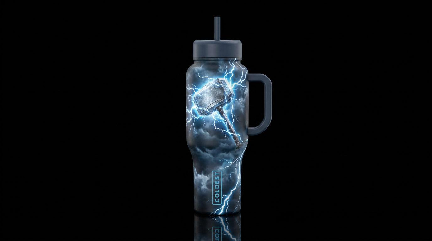 A dark cloudy sky with thors hammer emitting elect... water bottle design