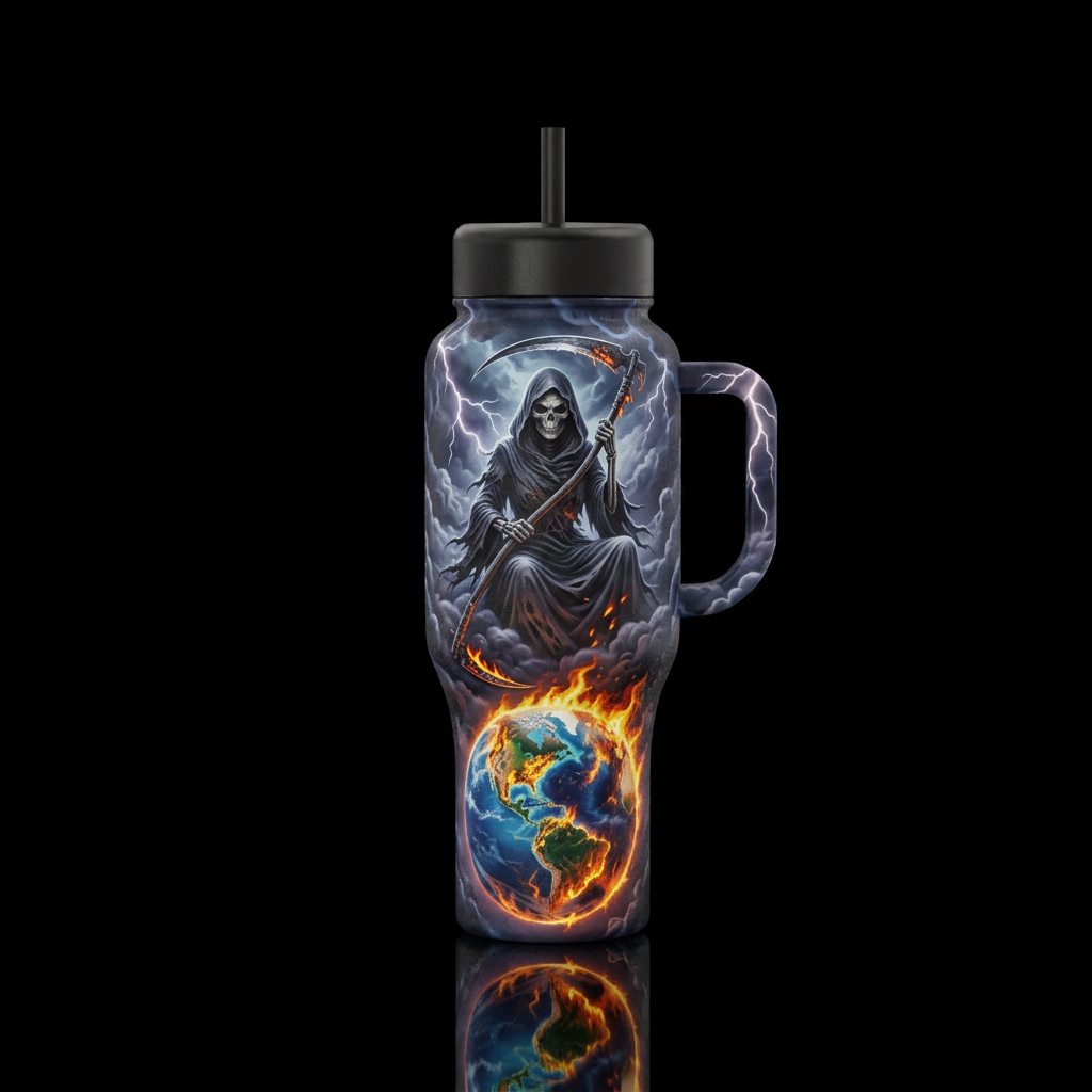 A female grim reaper seeking revenge on mankind. S... water bottle design