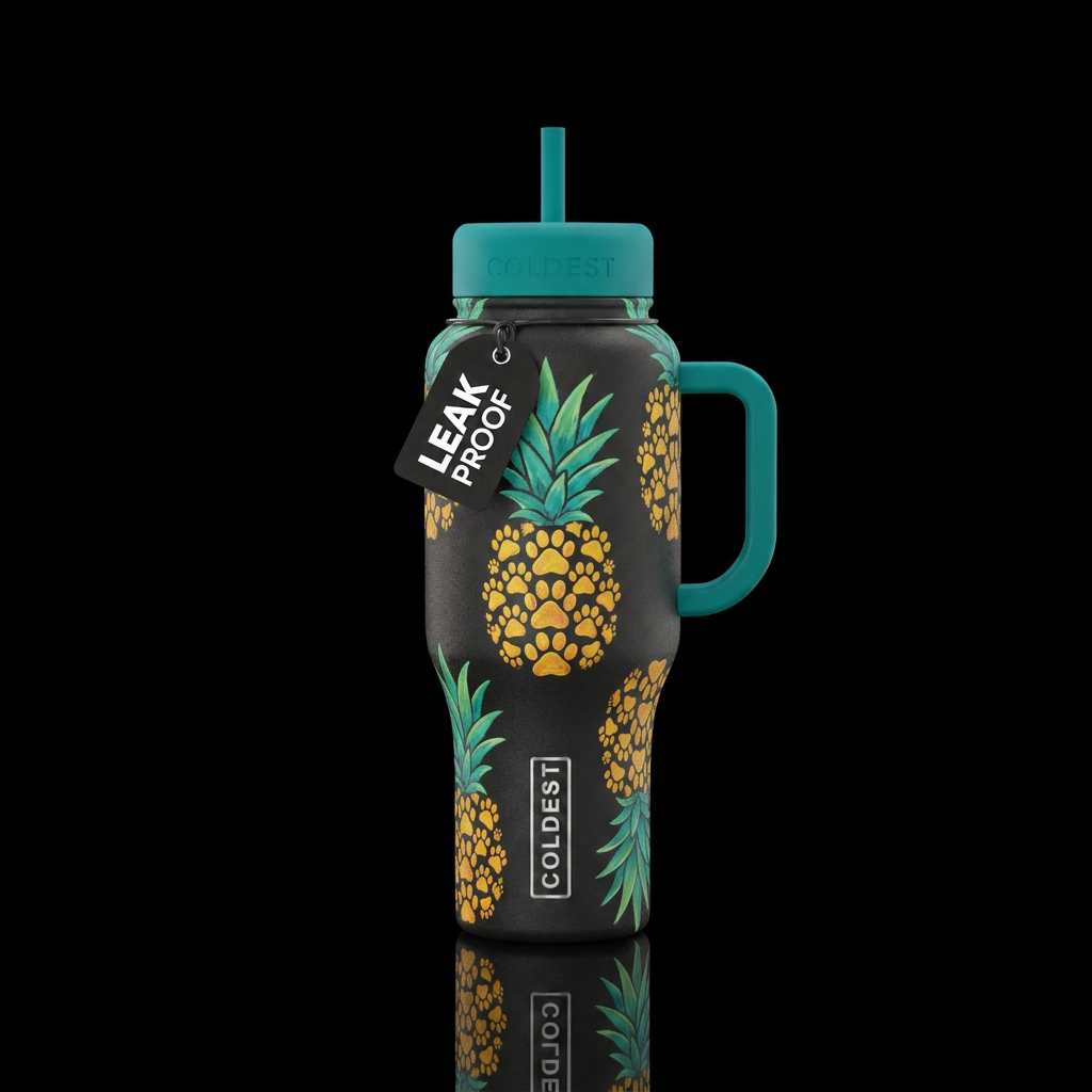 Paw print painted pineapples water bottle design