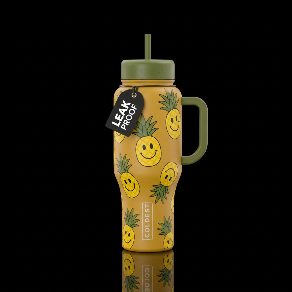1970s happy face painted pineappleS water bottle design