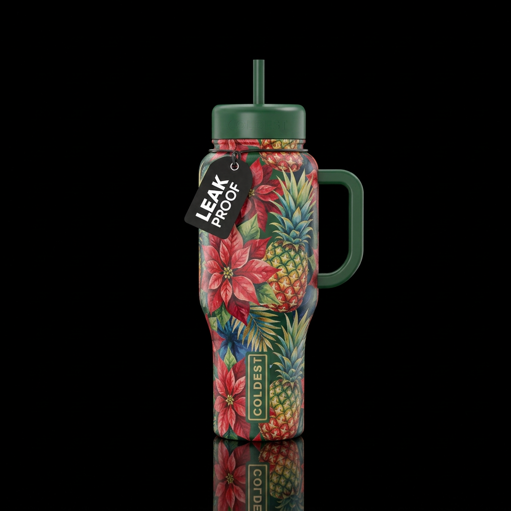 Poinsettia and Holiday painted pineapples water bottle design