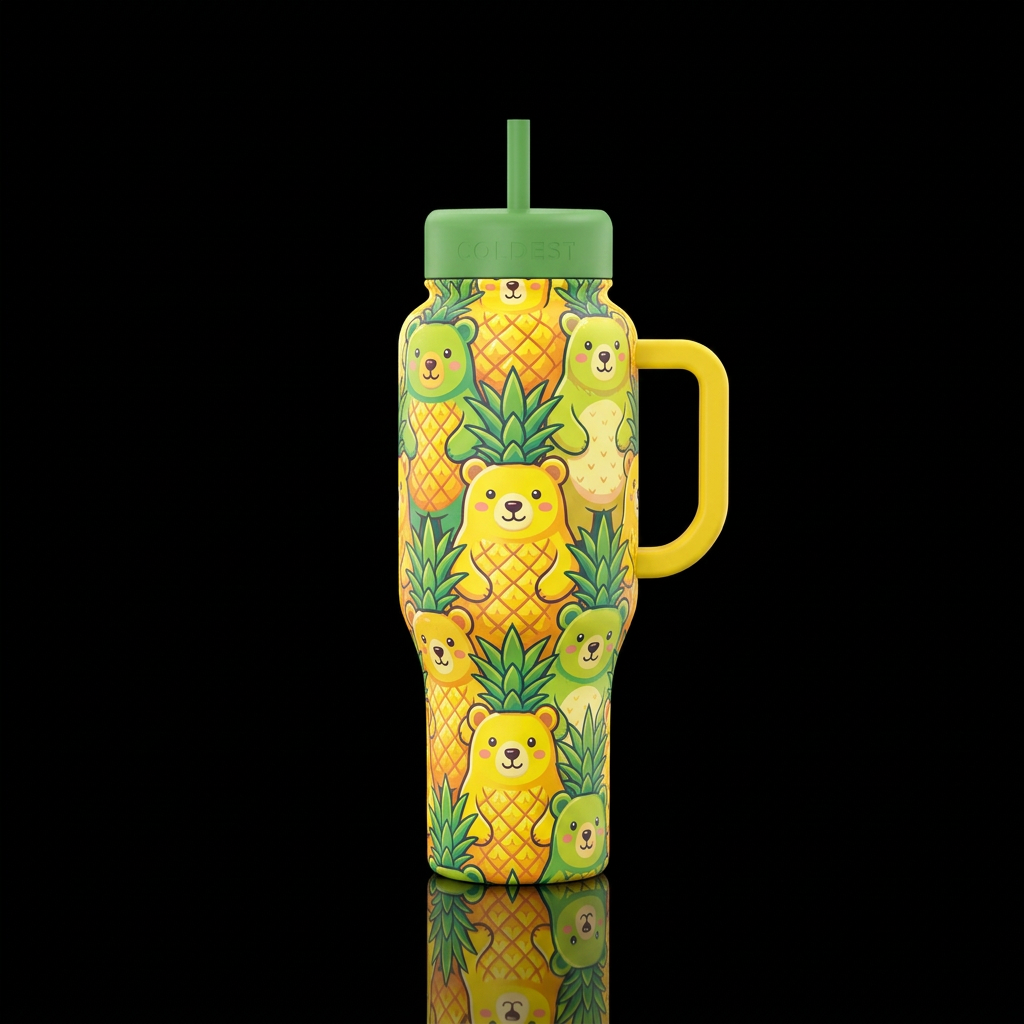 happy fun colored pineapple bears water bottle design