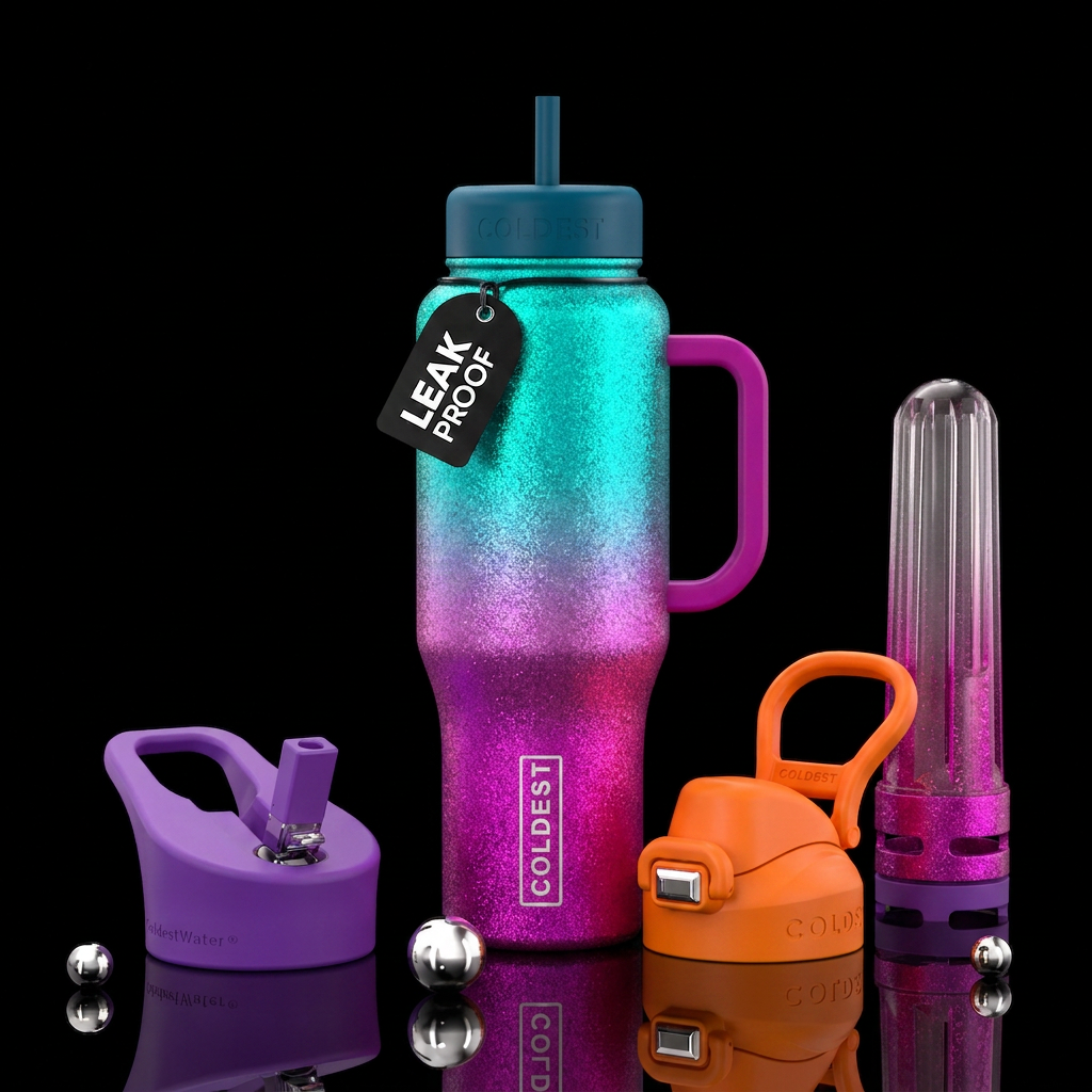 neon glitter, ombre, summer vibes water bottle design