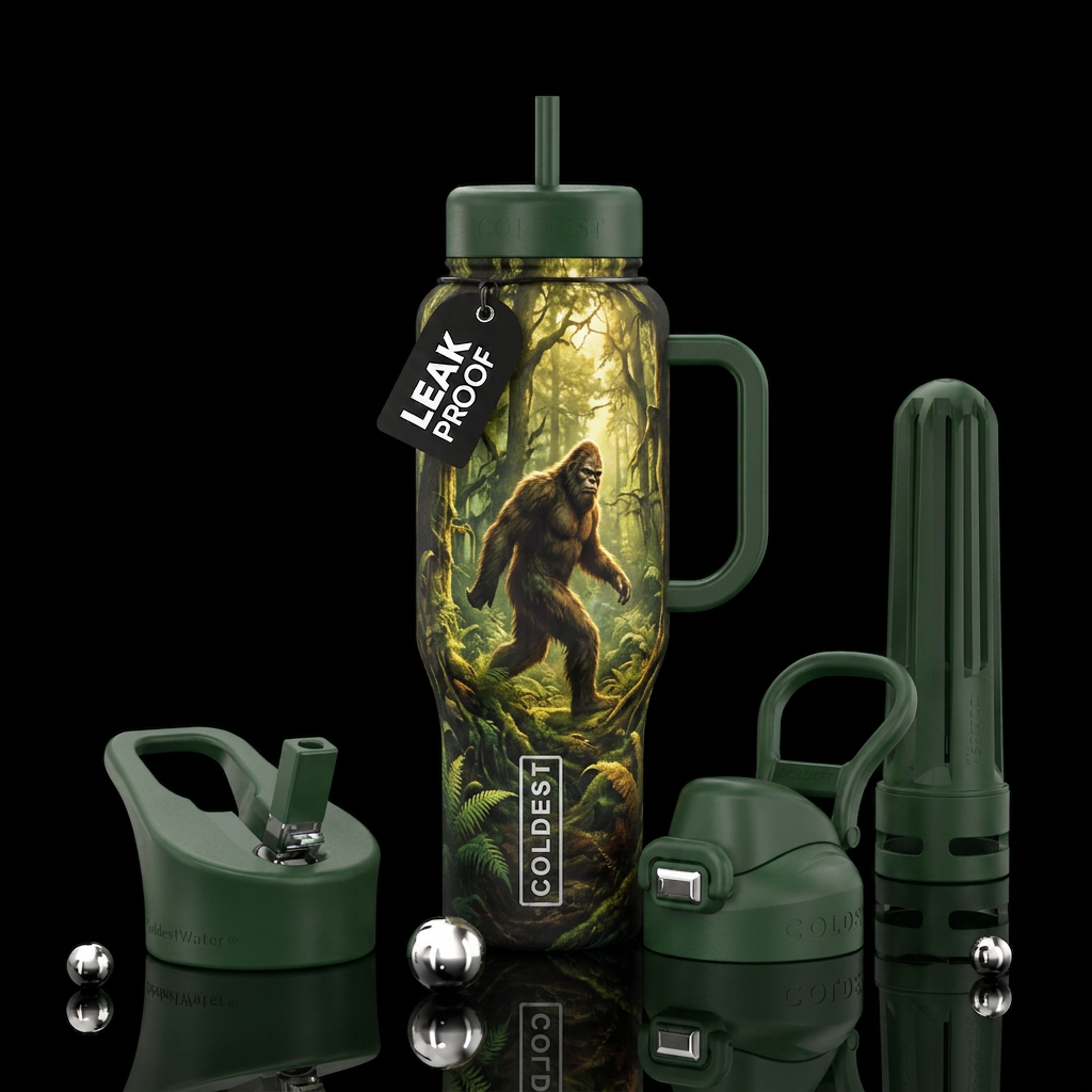 Bigfoot, woods water bottle design