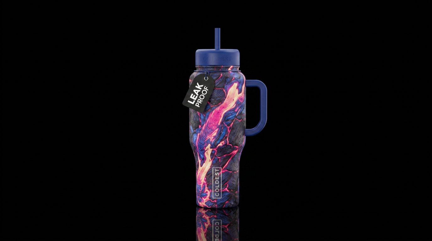 molten rock,fuchsia,champagne,cobalt blue water bottle design