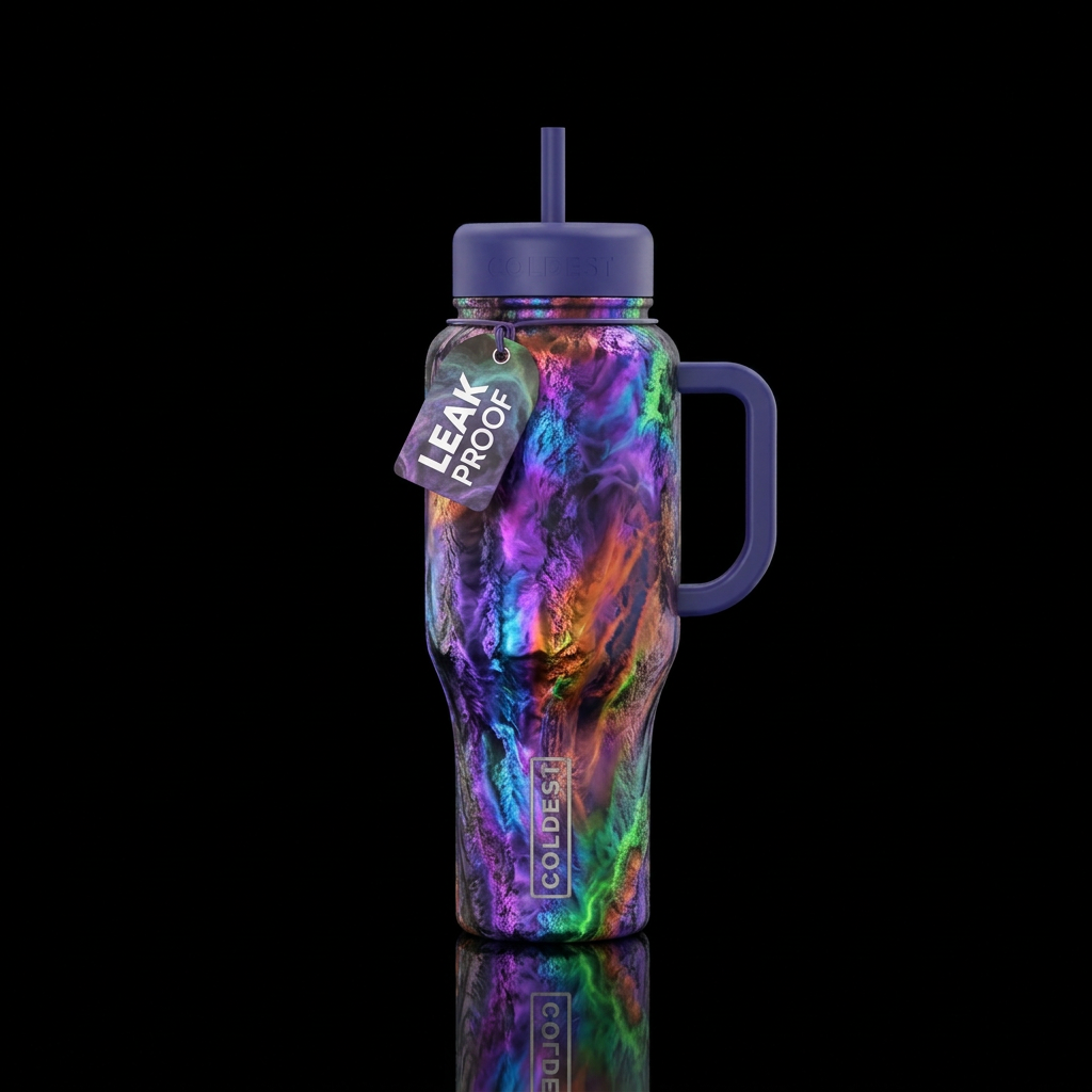 irridescent, vibrant, smoke,geode water bottle design
