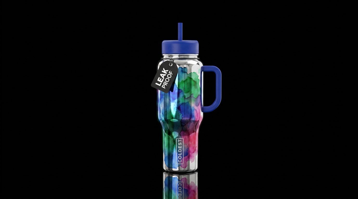 chrome, watercolor water bottle design