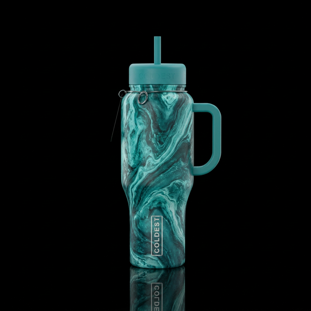 inbued teal marble, water bottle design
