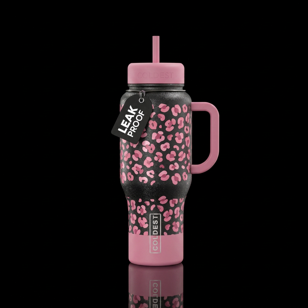 matte black, sparkly, pink leopard print water bottle design