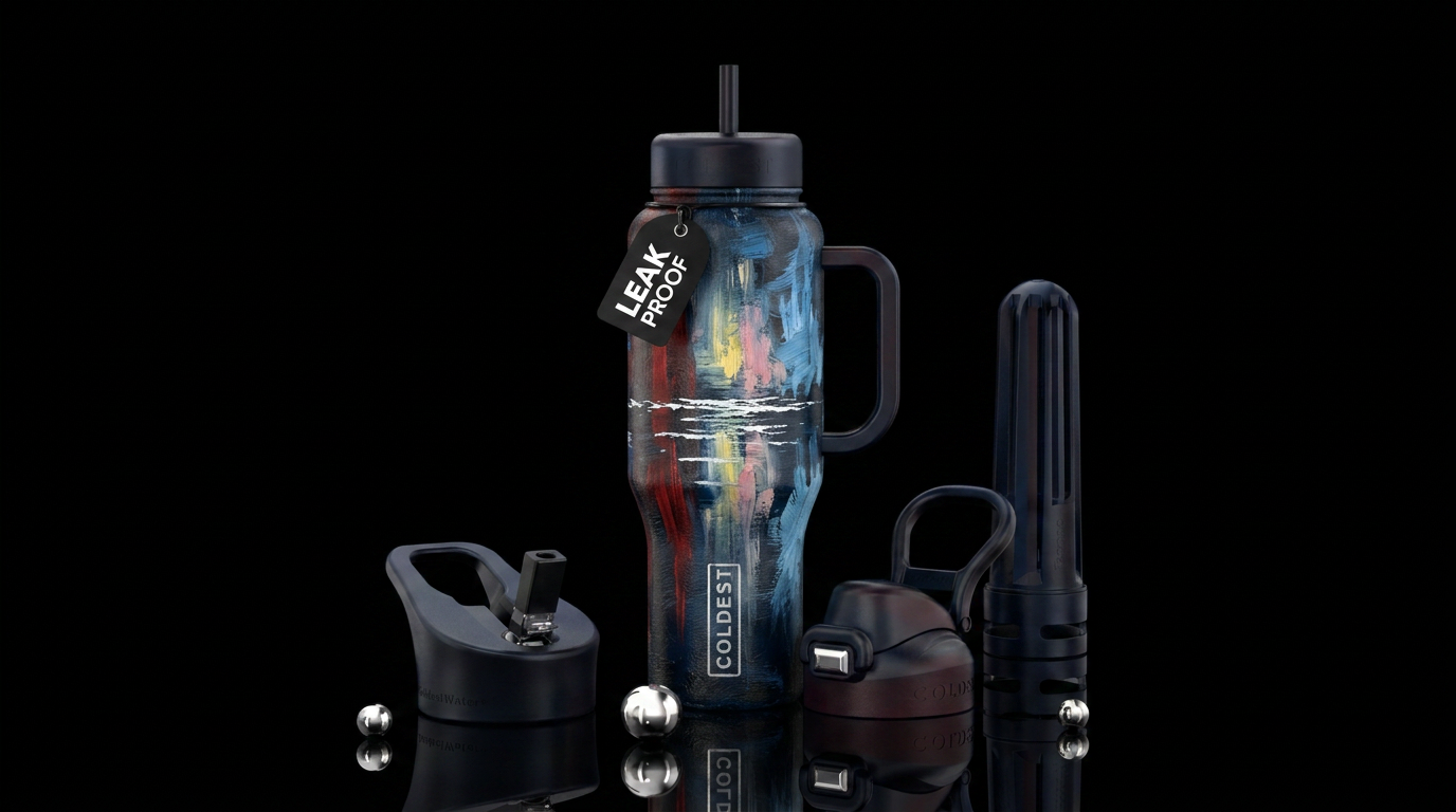 Oil painting with a horizontally a streak of broke... water bottle design