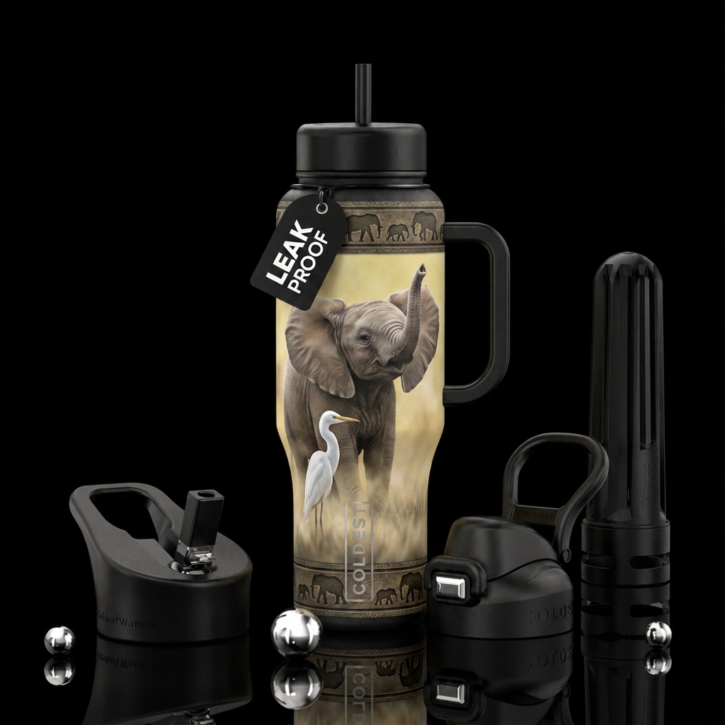 On the top and bottom of the bottle a border of da... water bottle design