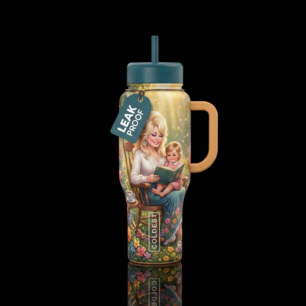 Dolly Parton strong reading a book with a cute lit... water bottle design