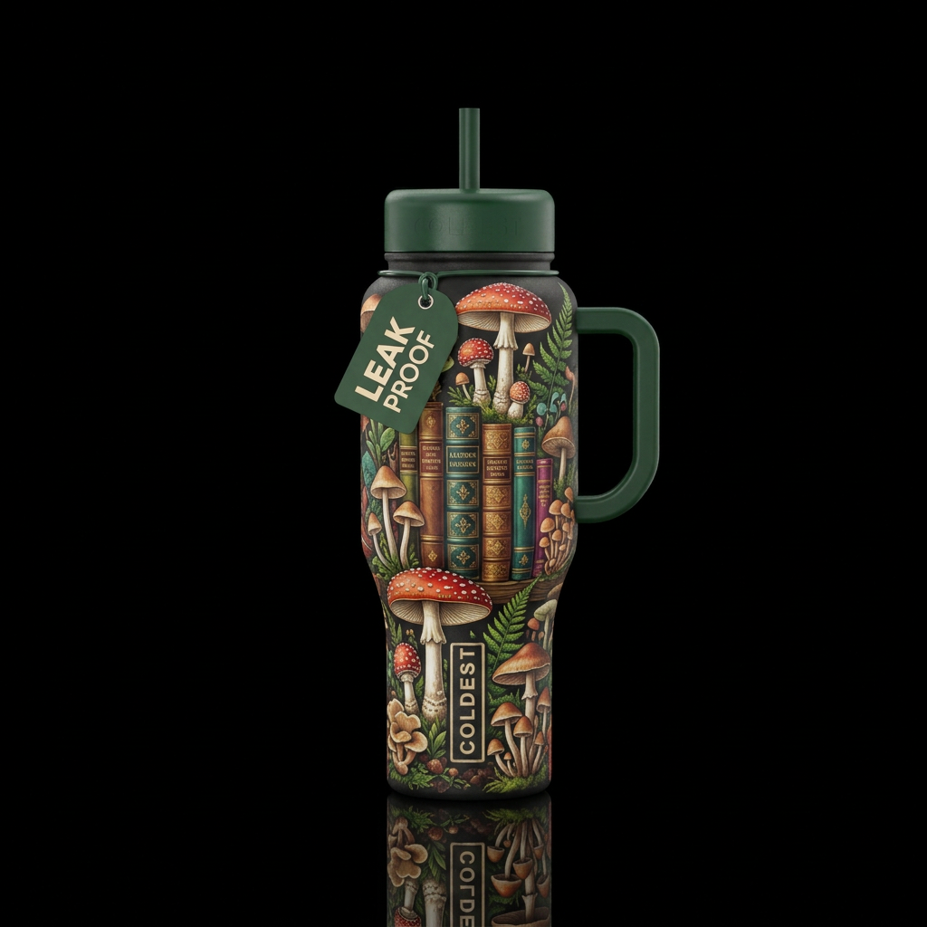 Mushrooms and books with some plants water bottle design