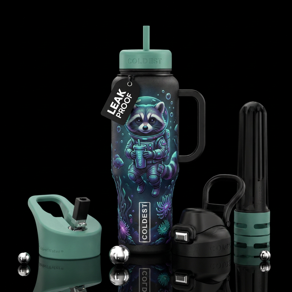 Girl racoon with coldest cup water bottle design