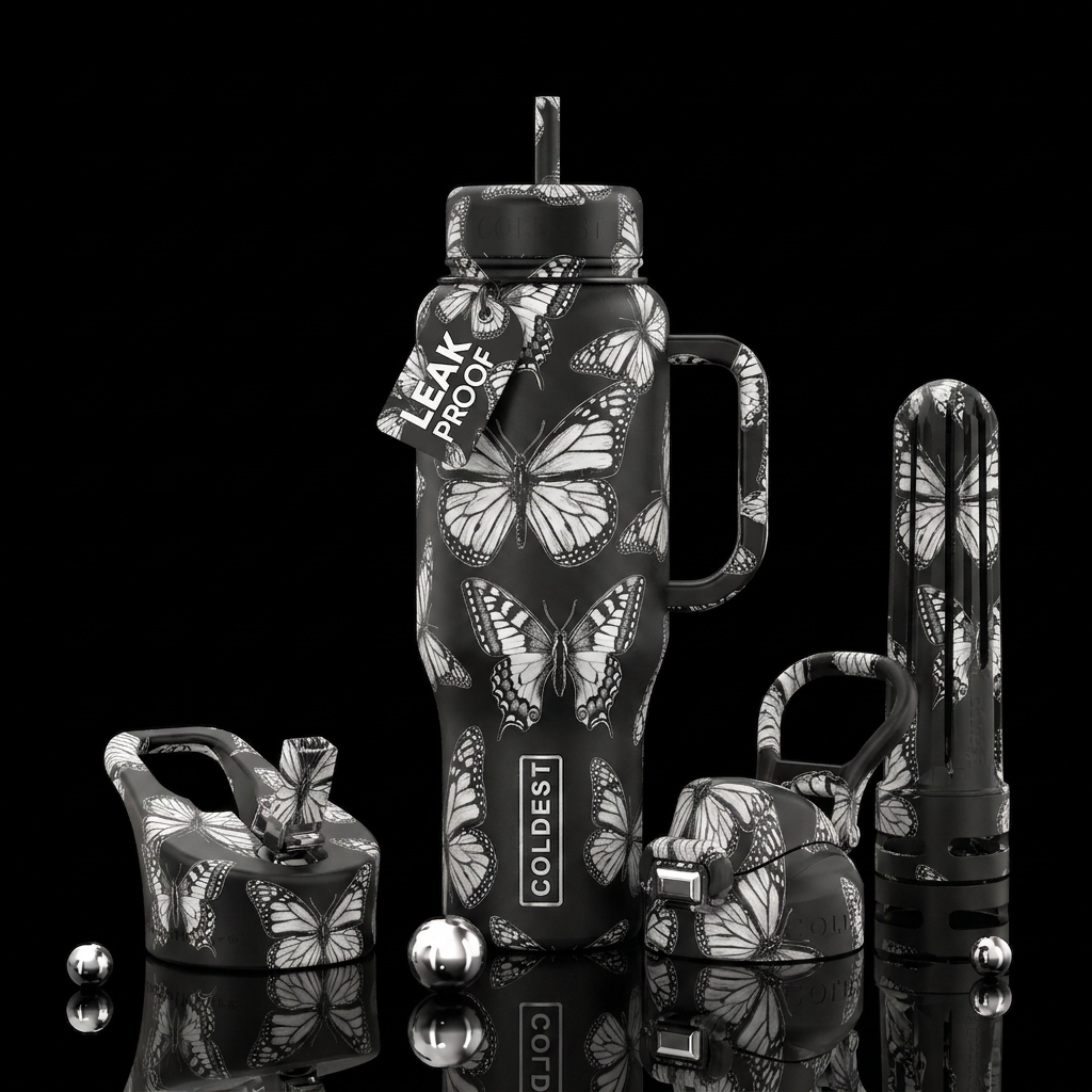 Black and white butterflies water bottle design
