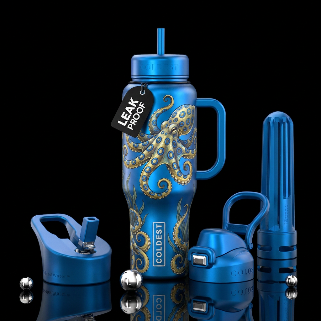 Blue ring octopus water bottle design