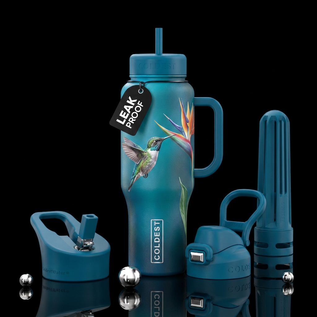 Small animal drinking from a flower water bottle design