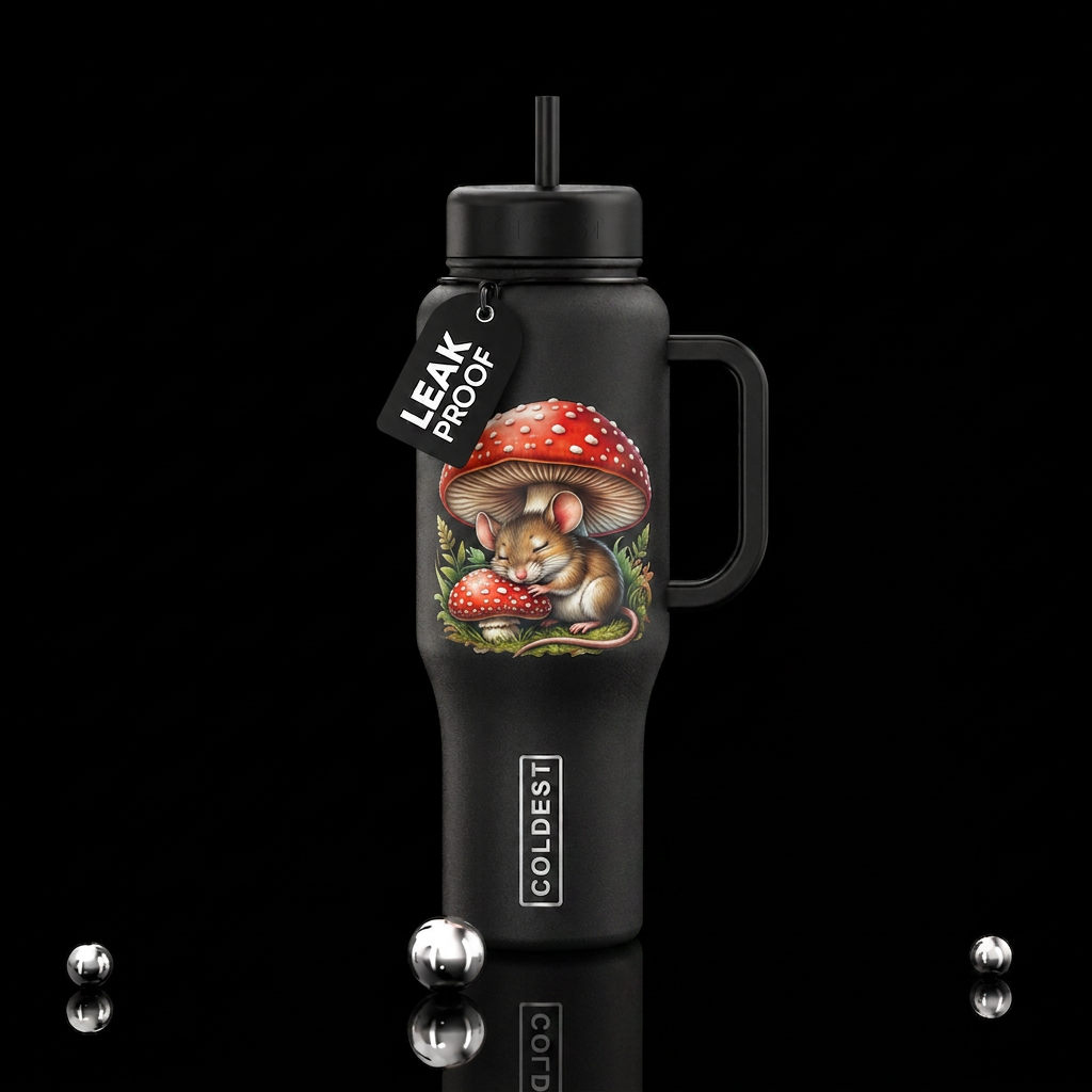Mouse sleeping under a mushroom water bottle design