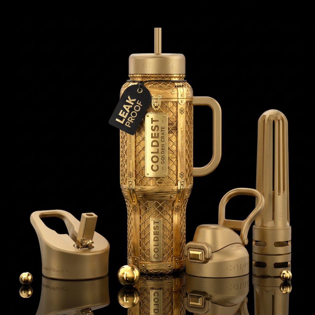 Golden Coldest Crate water bottle design
