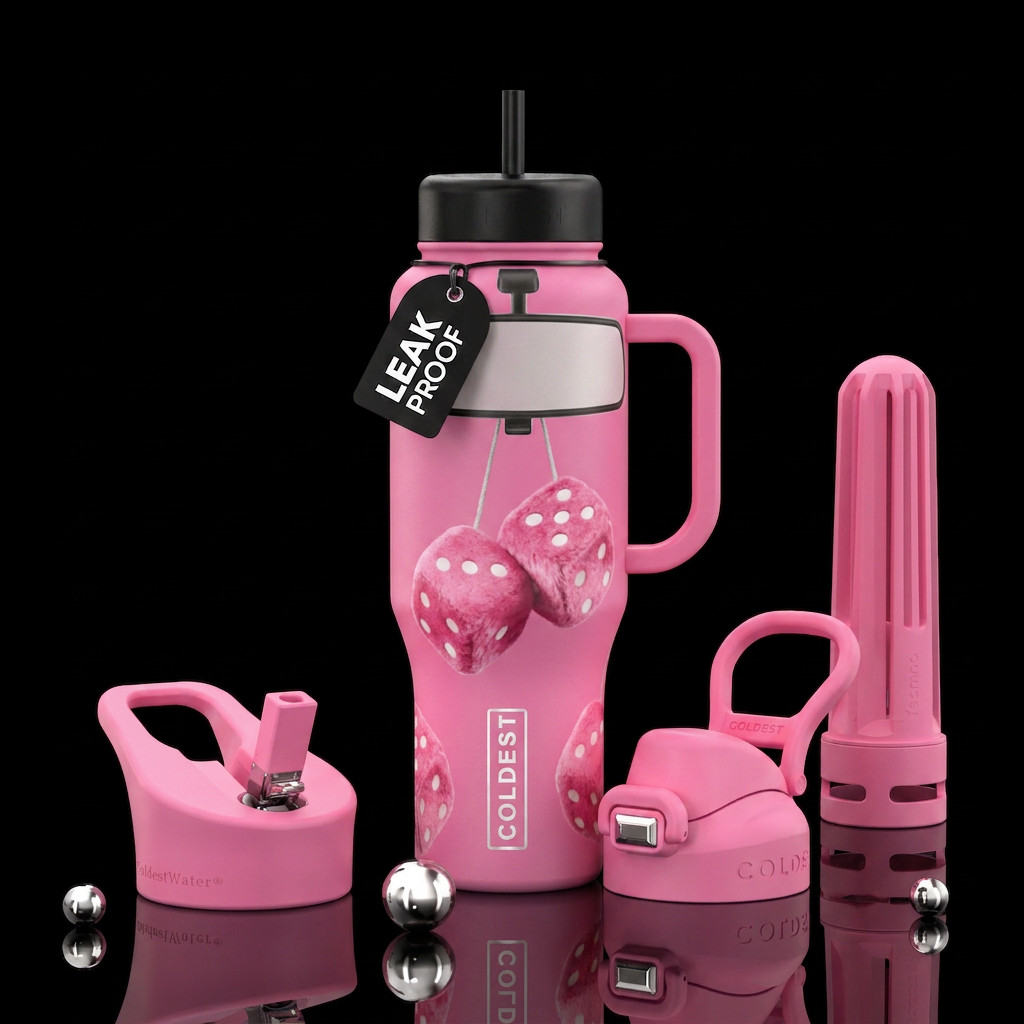 Pink fuzzy dice on the rearview mirror water bottle design