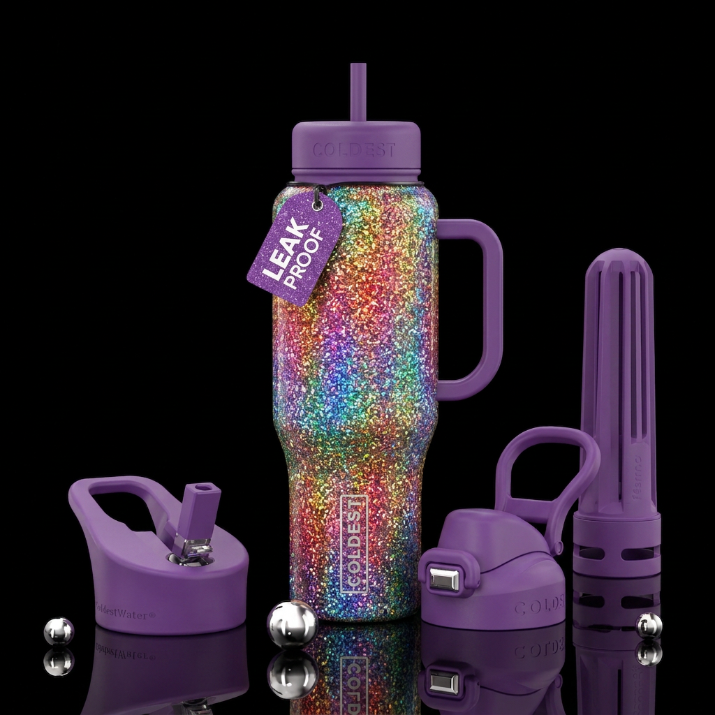 Rainbow glitter water bottle design