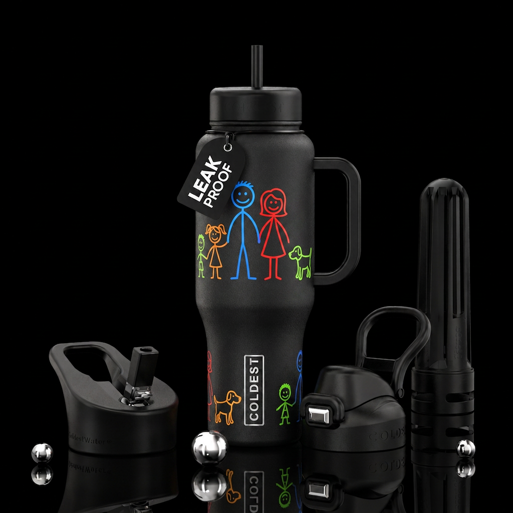 Stick figure family with a dog water bottle design