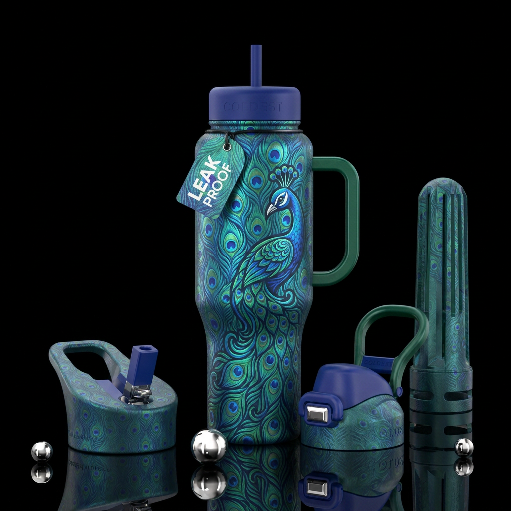 peacock, vibrant water bottle design