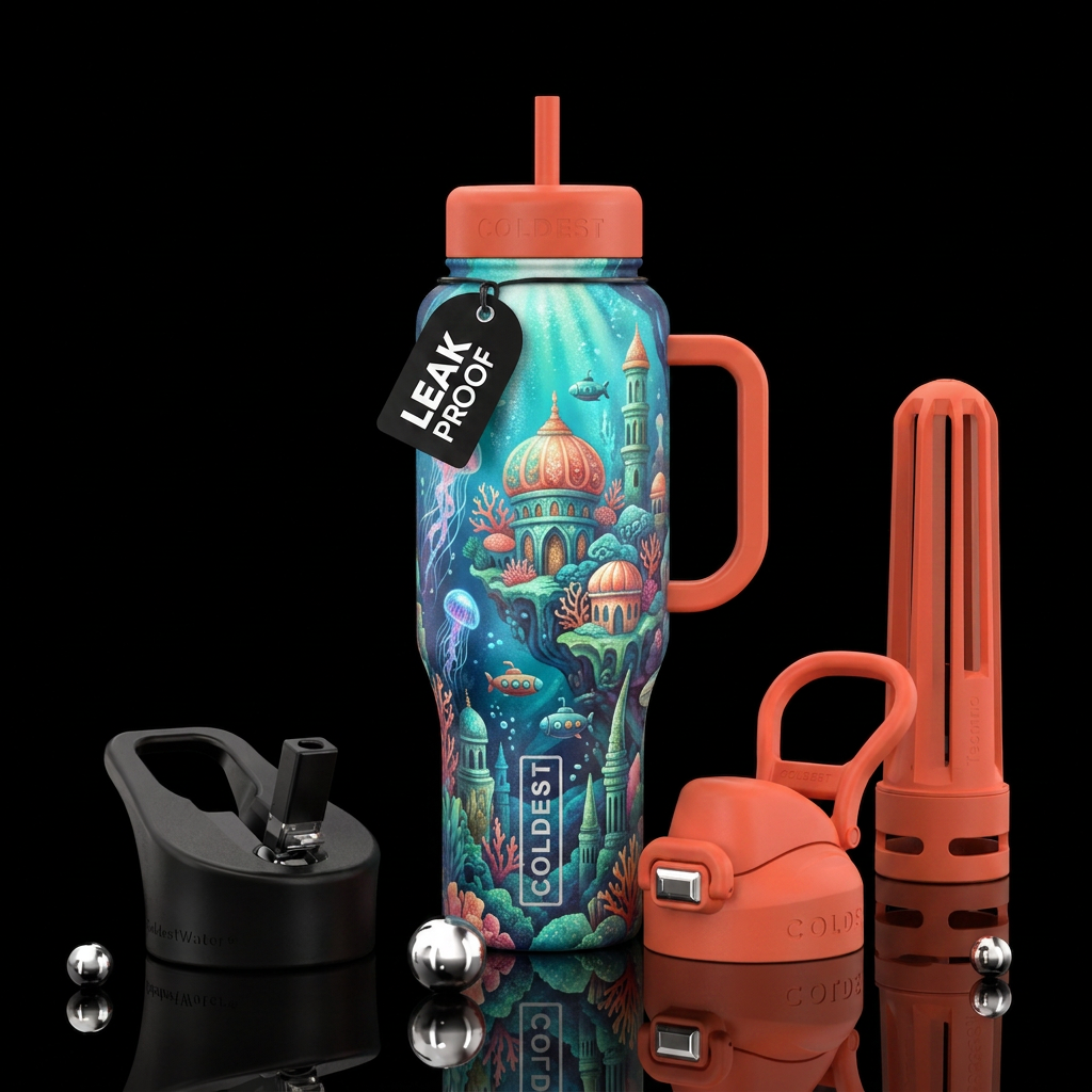 whimsical, underwater city water bottle design