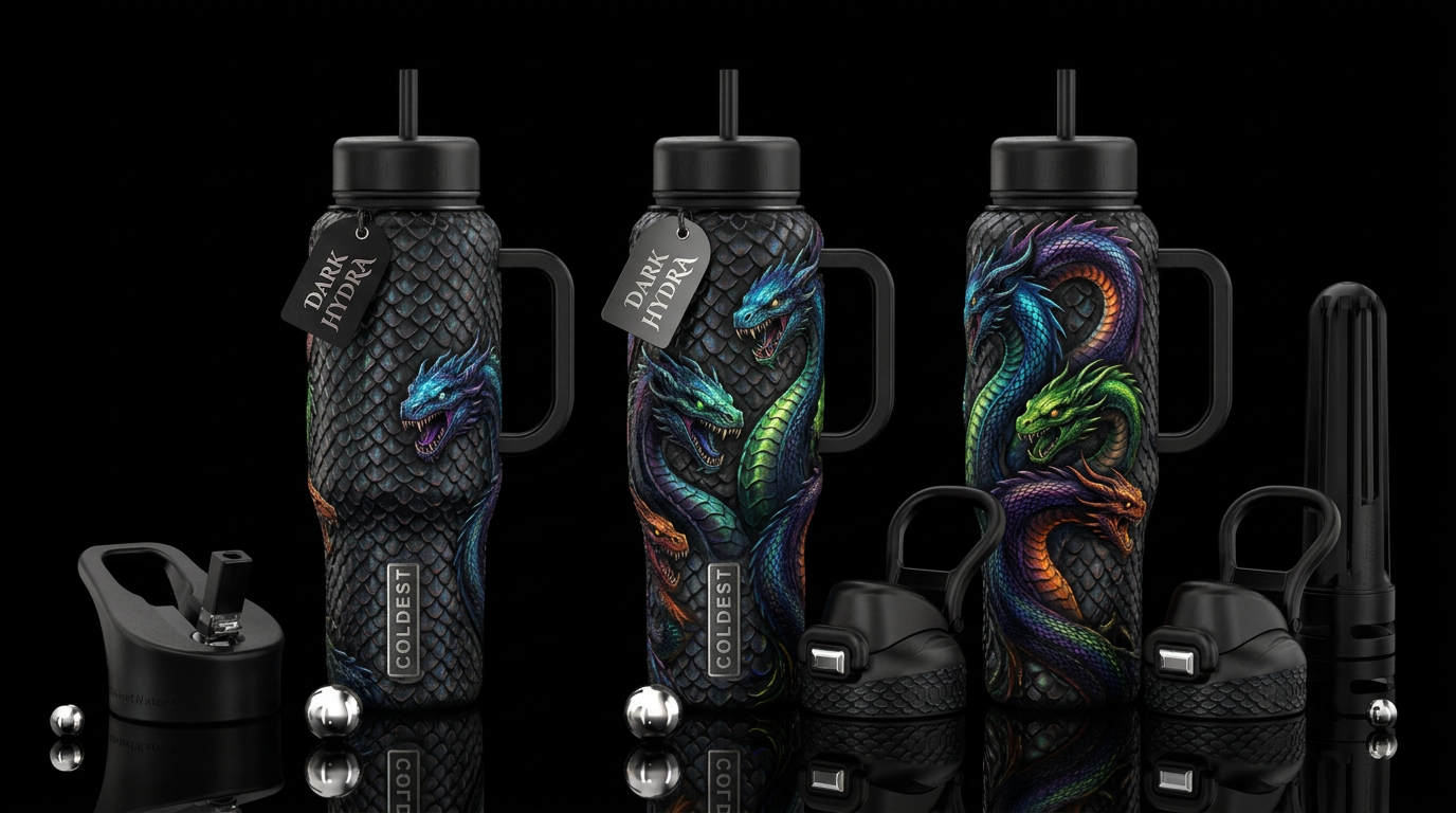 hydra, realism, darkness water bottle design